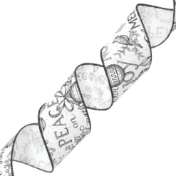 WIRED RIBBON 2.5″x10 YDS. WHITE IMITATED COTTON W/ BLACK XMAS LETTERS & ORN.