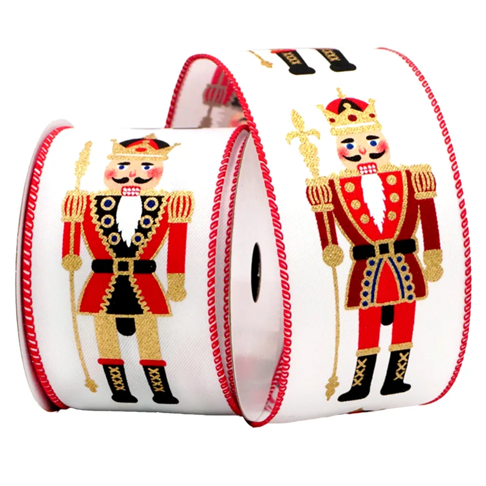 WIRED RIBBON 2.5″x10 YDS. WHITE W/ NUTCRACKER
