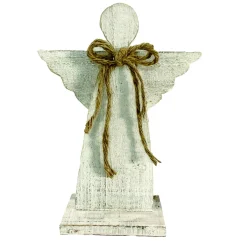 WOODEN ANGEL 12″ WHITE WASH FINISH W/ YARN BOW