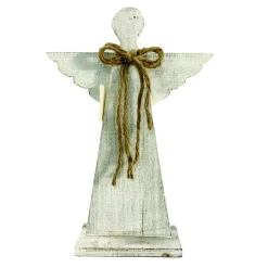 WOODEN ANGEL 15.5″ WHITE WASH FINIISH W/ YARN BOW