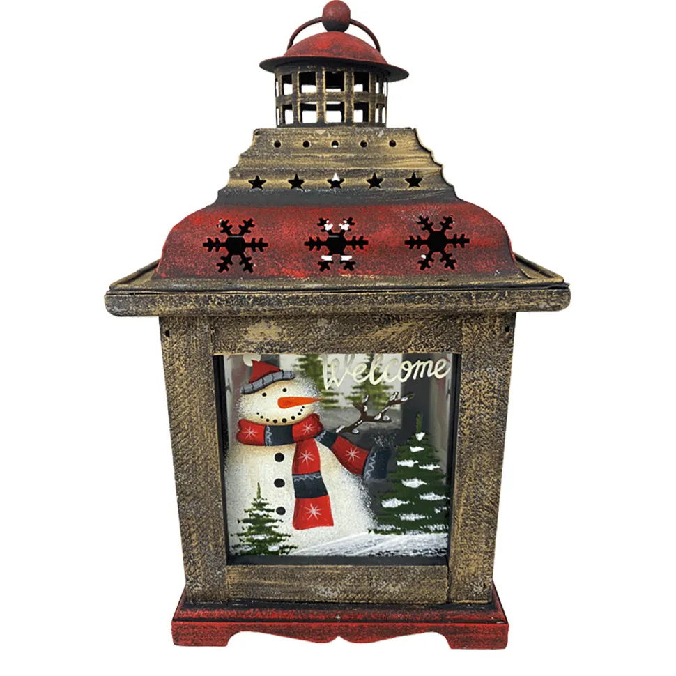 WOODEN LANTERN 11″H W/SNOWMAN DESIGN 7″X7″X11″