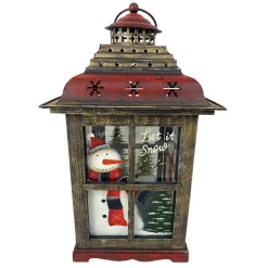 WOODEN LANTERN 17″H W/SNOWMAN DESIGN 9″X9″X17″