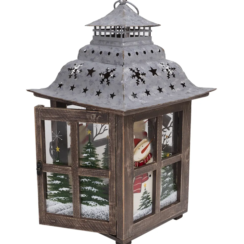 WOODEN LANTERN 15″H W/TIN ROOF &SNOWMAN SCENE