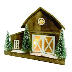 WOODEN NAT. BARN 17.5″X 6″X14″ W/ LED LIGHTS SNOW & TREES