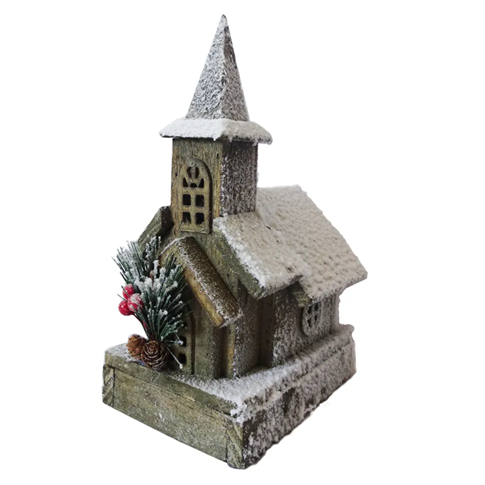 WOODEN NAT. CHURCH 10″ W/ SNOW LED LIGHTS 3AA BATTERY W/ TIMER