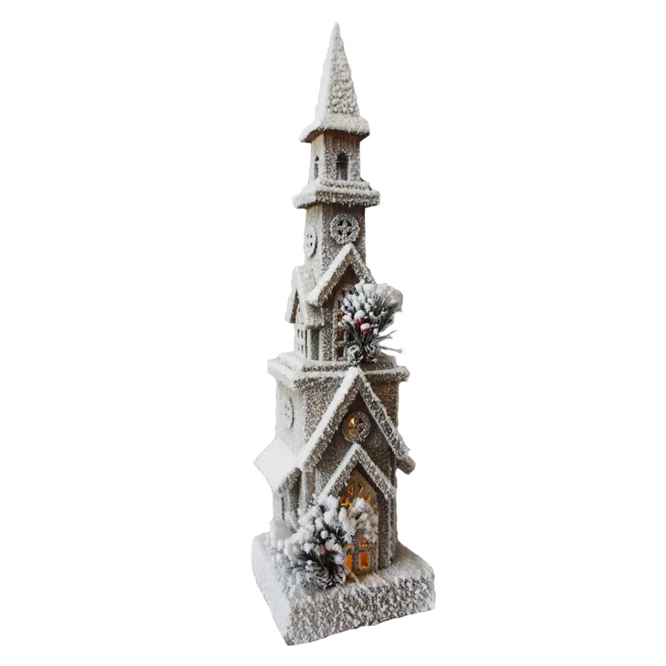 WOODEN NAT. CHURCH 5.5″x6″x24″ W/ SNOW LED LIGHTS 3AA BATTERY W/ TIMER