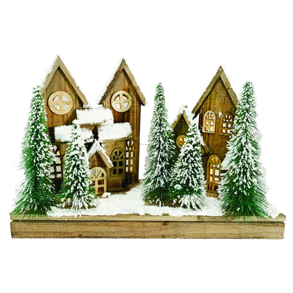 WOODEN NAT. VILLAGE SCENE 17.5″x12″ W/ LED LIGHTS SNOW & TREES