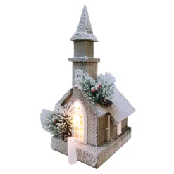 WOODEN NAT./FLOCKED CHURCH 14.5″+10L W/ LED B/O (NOT INCLUDED) W/ TIMER