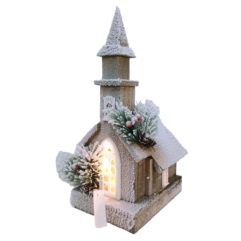 WOODEN NAT./FLOCKED CHURCH 14.5″+10L W/ LED B/O (NOT INCLUDED) W/ TIMER