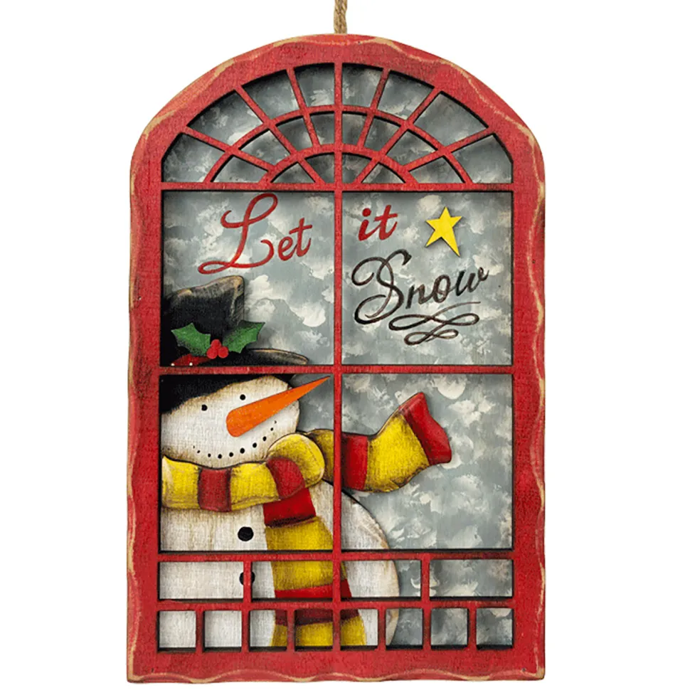 WOODEN WALL DECOR 8″X12″ SNOWMAN IN WINDOW