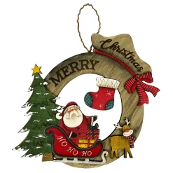 WOODEN WREATH SANTA SCENE WALL DECOR 11″ W/”MERRY CHRISTMAS”