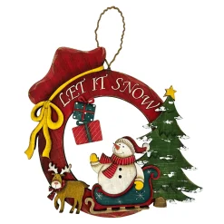 WOODEN WREATH SNOWMAN SCENE WALL DECOR 11″ W/”LET IT SNOW”