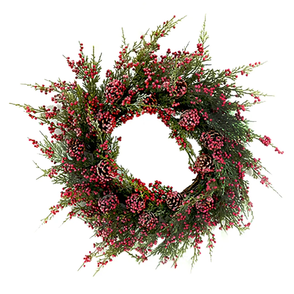 WREATH GRN 24″ CEDAR, RED BERRIES & CONES FROSTED