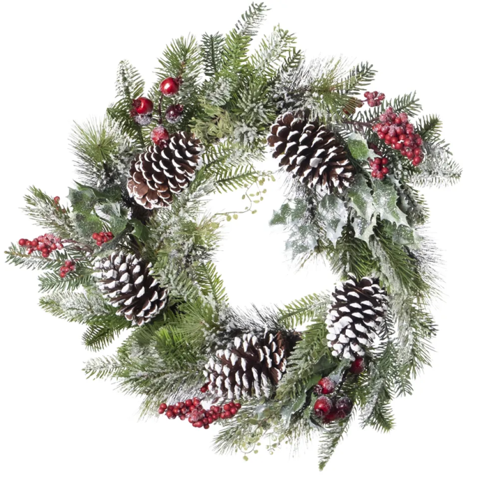 WREATH GRN 24″ FROSTED MIXED NEEDLE PINE W/ PINE CONES & BERRIES