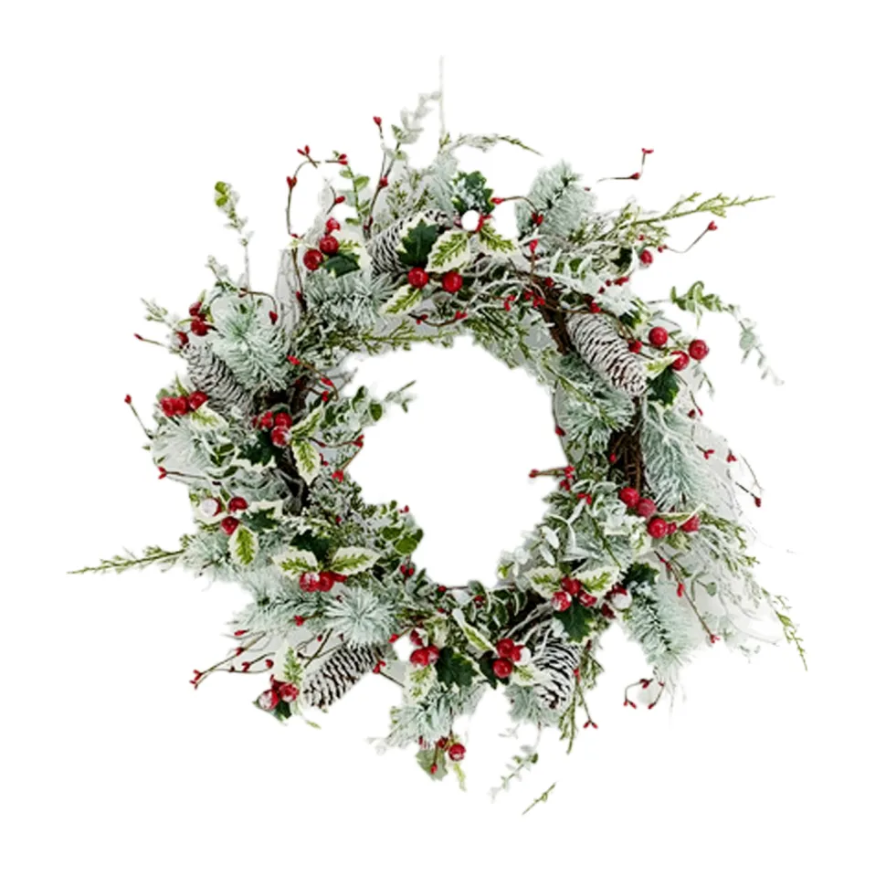 WREATH GRN 24″ HOLLY LEAF, MIXED GREENS, RED BERRIES AND CONES FROSTED
