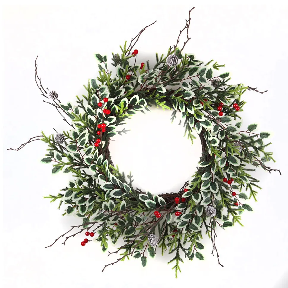 WREATH GRN 24″ HOLLY LEAF, RED BERRY & MIXED PINE