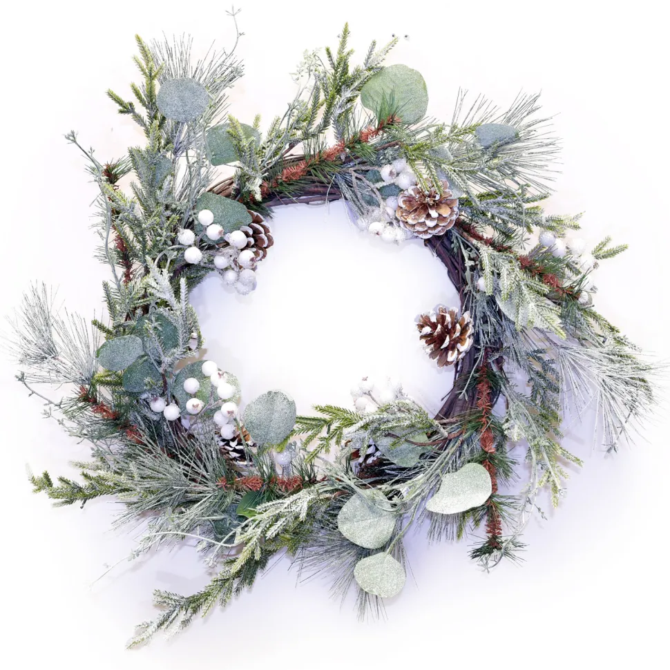 WREATH GRN 22″ MIXED PINE W/ PINE CONE & WHITE BERRIES