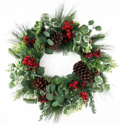 WREATH MIXED PINE, EUCALYPTUS, CONES & BERRIES 28″ GREEN/RED
