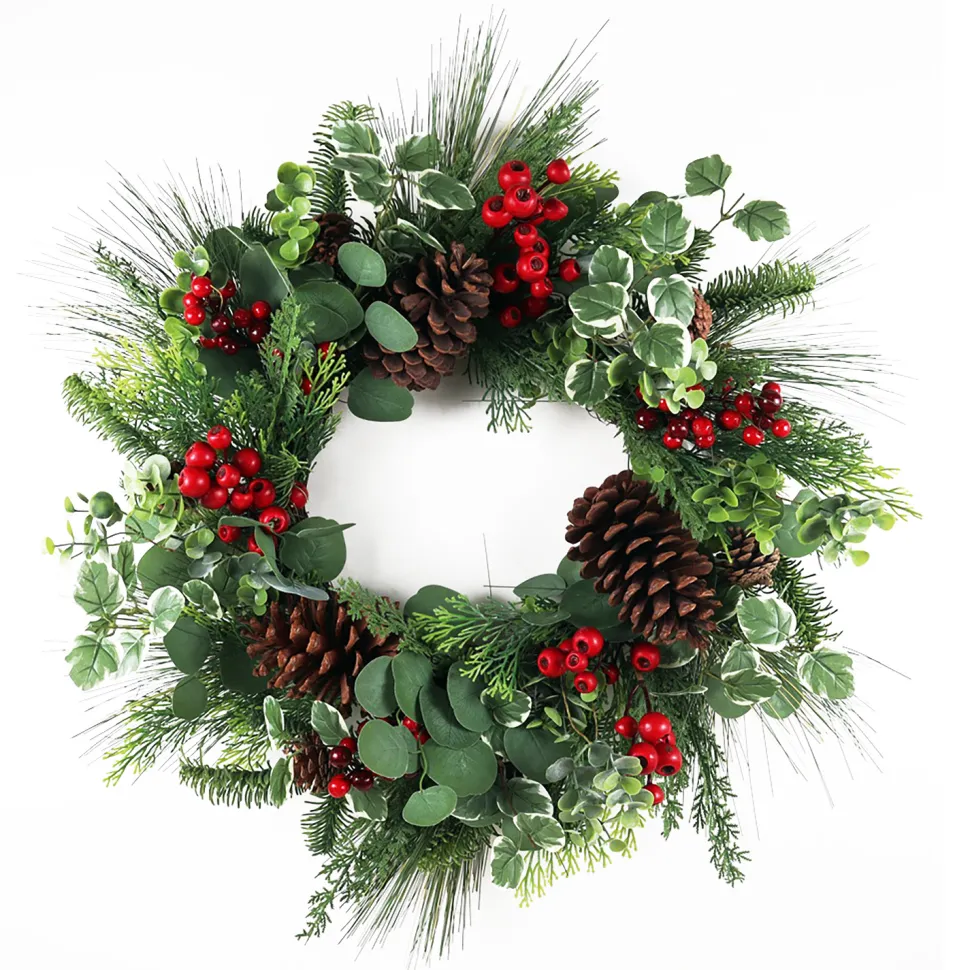 WREATH MIXED PINE, EUCALYPTUS, CONES & BERRIES 28″ GREEN/RED