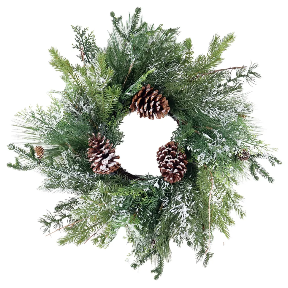 WREATH PINE 22″ FLOCKED MIXED PINE W/ PINE CONES