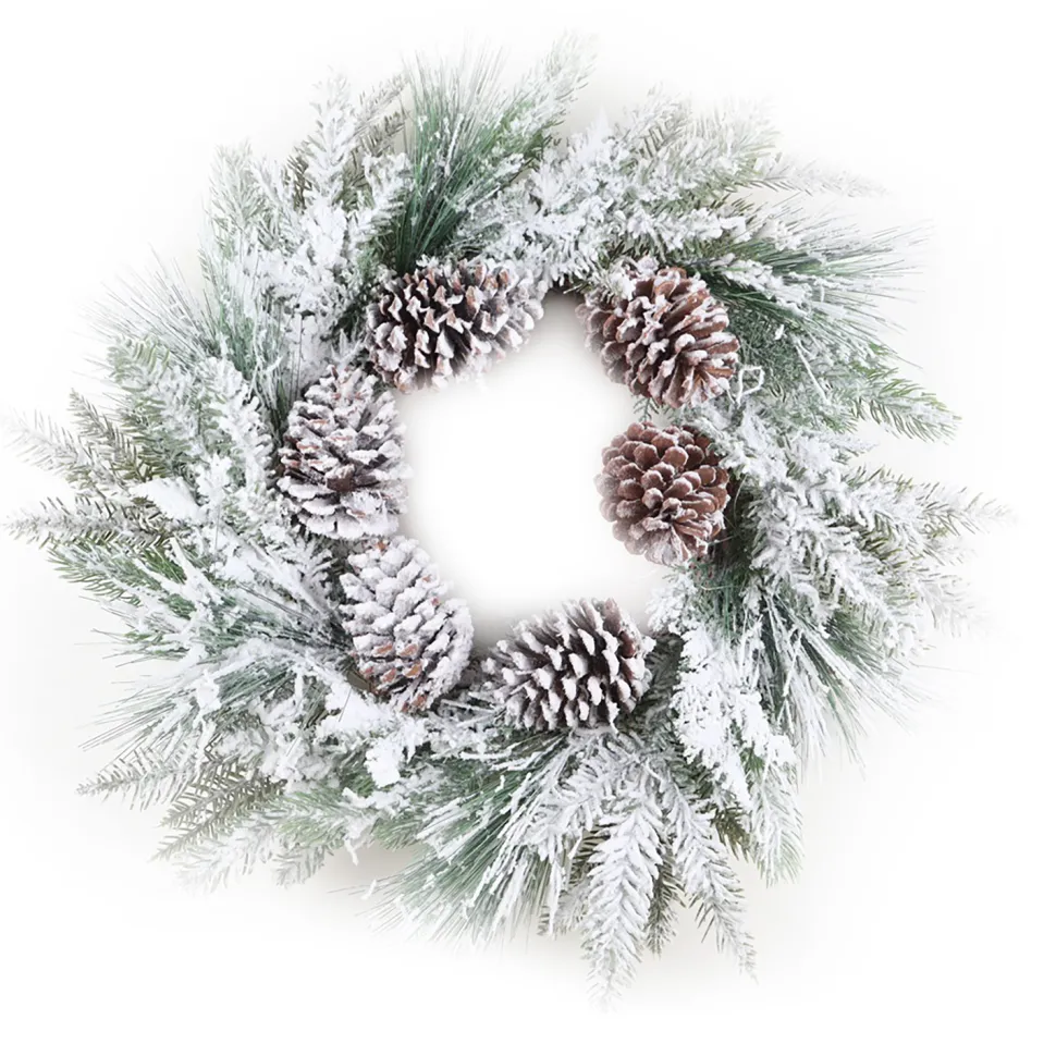 WREATH PINE FLOCKED 24″ MIXED PINE W/ PINE CONES