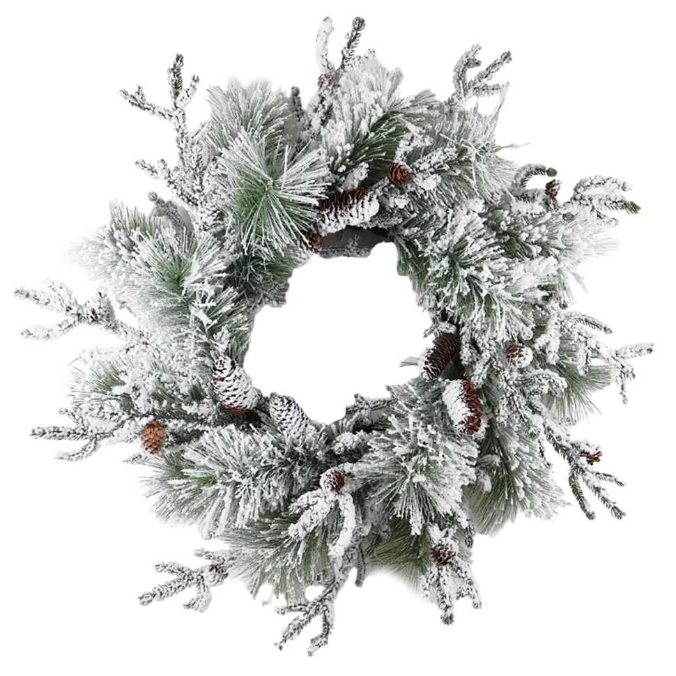 WREATH PINE FLOCKED 28″ MIXED PINE W/ PINE CONES