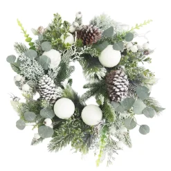 WREATH PINE FROSTED 24″ MIXED PINE W/ EUCALPTUS, PINE CONES & SOW BALLS