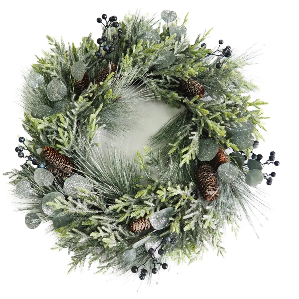 WREATH PINE FROSTED 24″ MIXED PINE W/ EUCALYPTUS, BLACK BERRY & PINE CONES