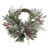 WREATH RATTAN 24″ MIXED GREENERY, RED BERRY & CONEDS ICED/ FROSTED