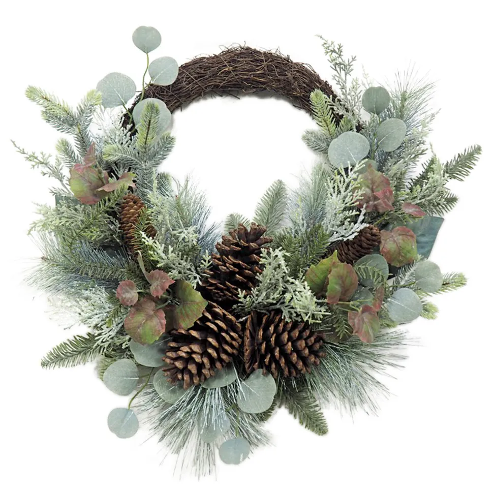 WREATH RATTAN 24″ MIXED PINE, CEDAR, EUCALYPTUS, & PINE CONES