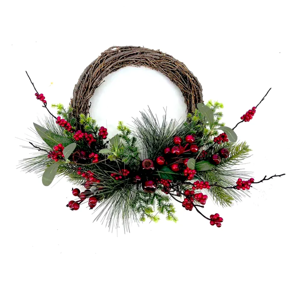 WREATH RATTAN 17.5″ MIXED RED BERRIES WITH PINE AND GREENERY
