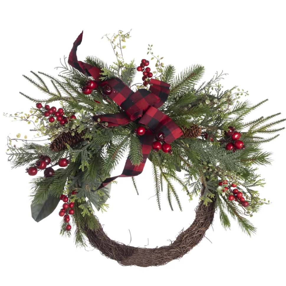 WREATH RATTAN 22″ MULTI NEEDLE PINE W/ BERRIES & RED/BLK BUFFALO PLAID BOW
