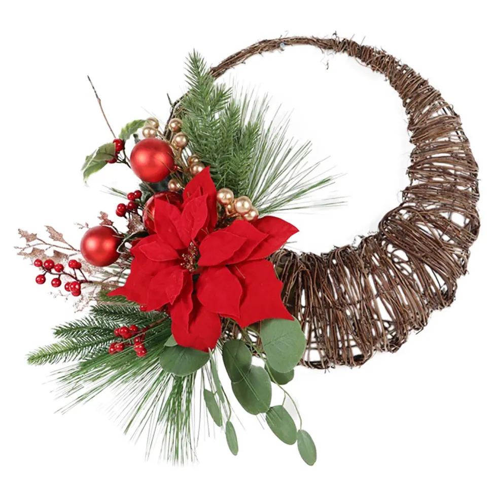 WREATH RATTAN 24″ RED POINSETTIA/ BERRY & BALLS IN CORNUCOPIA
