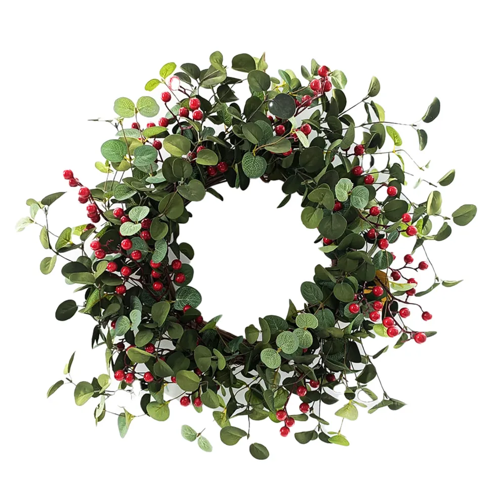 WREATH RATTAN 24″ W/ EUCALYPTUS & RED BERRIES