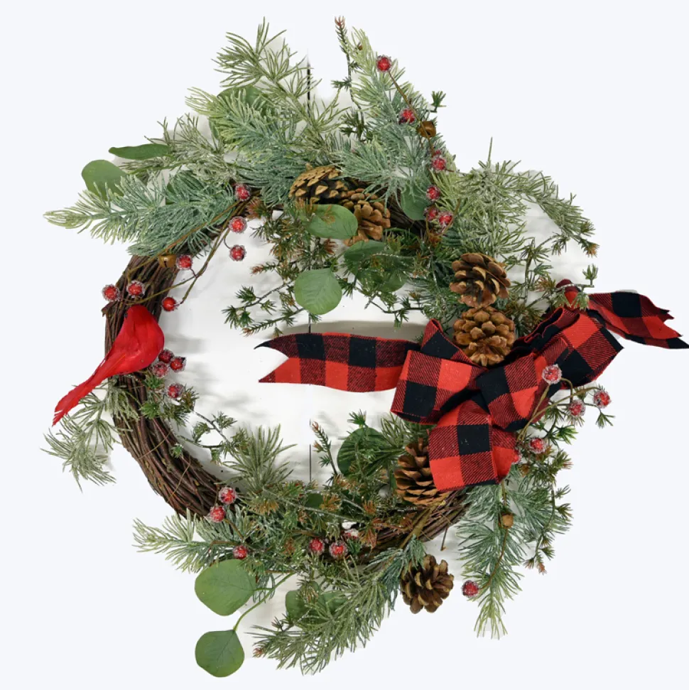 WREATH RATTAN 20″ W/ MIXED GREENS, CARDINAL & BLK/ RED BUFFALO PLAID BOW