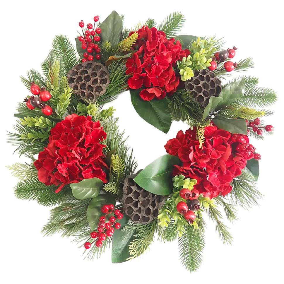 WREATH RED HYDRANGEA 24″ W/LOTUS PODS, MIXED GREENS & RED BERRIES