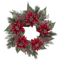 WREATH RED POINSETTIA 24″ ICED W/ MIXED GREES & RED BERRIES