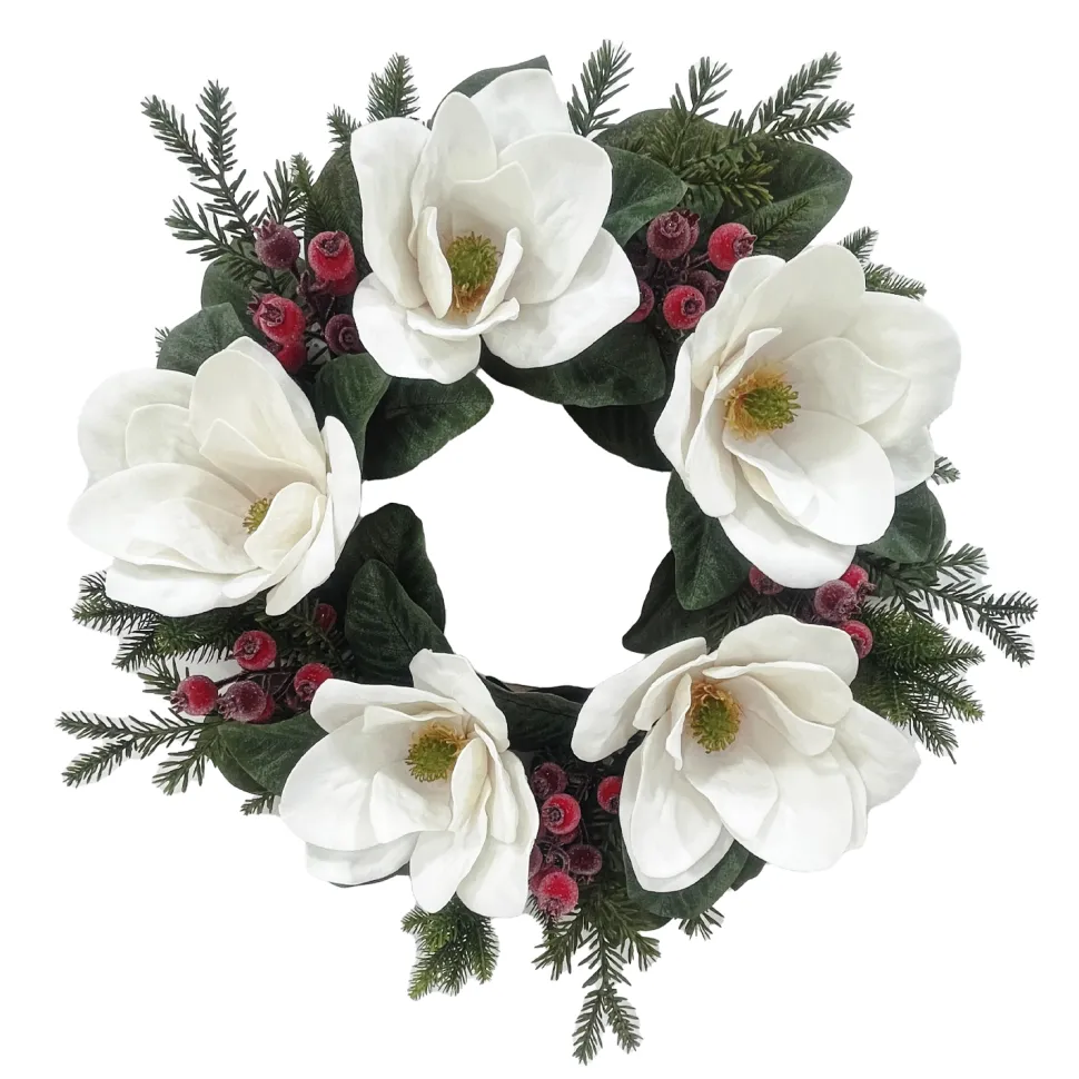 WREATH WHITE MAGNOLIA 24″ W/ MIXED GREENS & ICED RED BERRIES