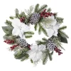 WREATH WHITE POINSETTIA 24″ FROSTED W/ MIXED GREENS, RED BERRIES & CONES