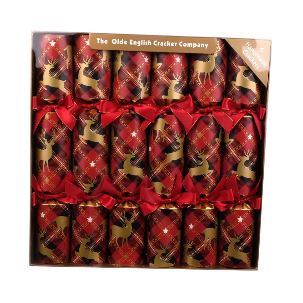 XMAS CRACKER DLX 6PC X 12″ REINDEER PRNT W/ PINE CONE & BERRIES